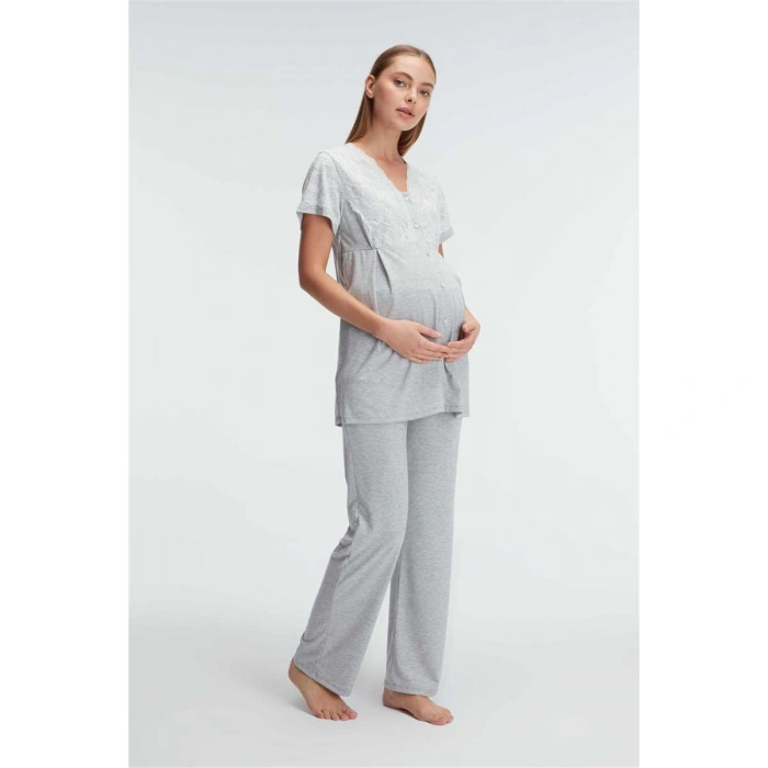 Kısa Kol V Yaka Kadın Polyester Elastan  Yazlık Örme Dantel Detaylı Hamile Pijama Takımı