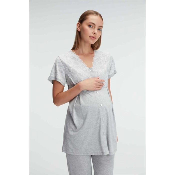 Kısa Kol V Yaka Kadın Polyester Elastan  Yazlık Örme Dantel Detaylı Hamile Pijama Takımı