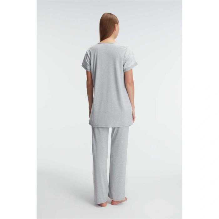 Kısa Kol V Yaka Kadın Polyester Elastan  Yazlık Örme Dantel Detaylı Hamile Pijama Takımı