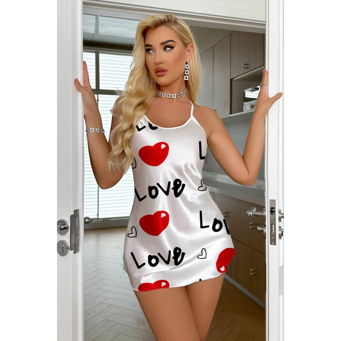 Love Desenli Beyaz Saten Gecelik
