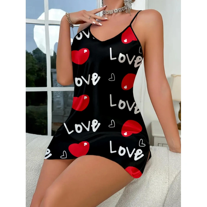 Love Desenli Saten Gecelik