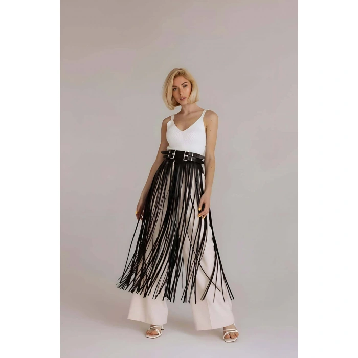 Püsküllü Deri Etek, Bel Üzeri Şık Püsküllü Deri Etek - Brf1090