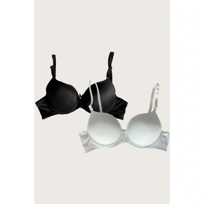 Siyah-beyaz 2li Mikro Kumaş Push Up Dolgulu Balenli Günlük Destekli Sütyen