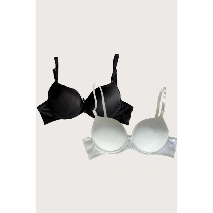 Siyah-beyaz 2li Mikro Kumaş Push Up Dolgulu Balenli Günlük Destekli Sütyen