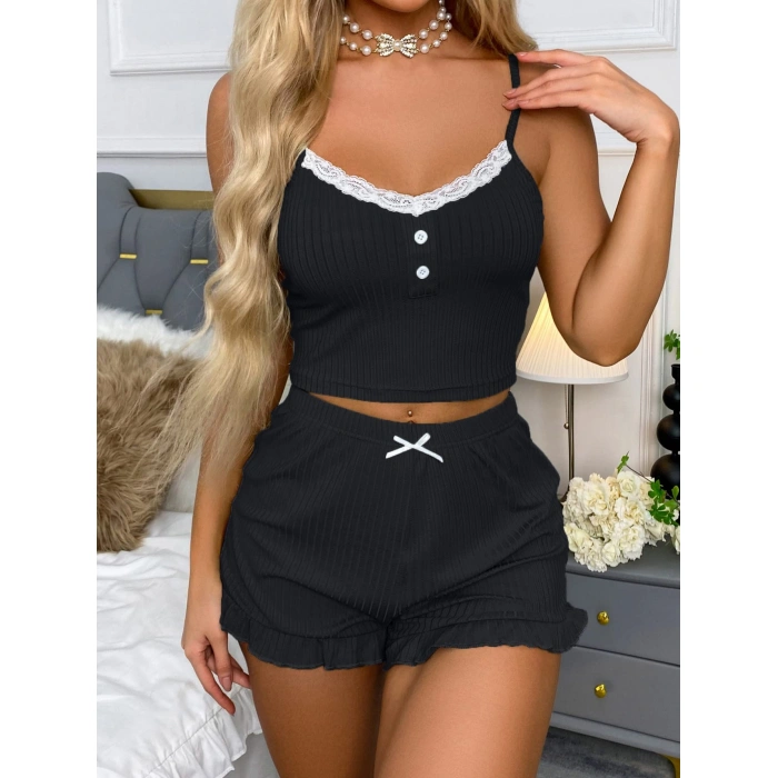 Siyah Likralı Düğmeli Yumuşacık 2li Pijama Takımı