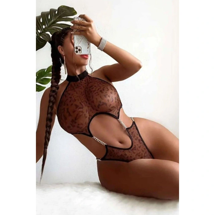 Transparan Leopar Desenli Zincir Detaylı Fantezi Body