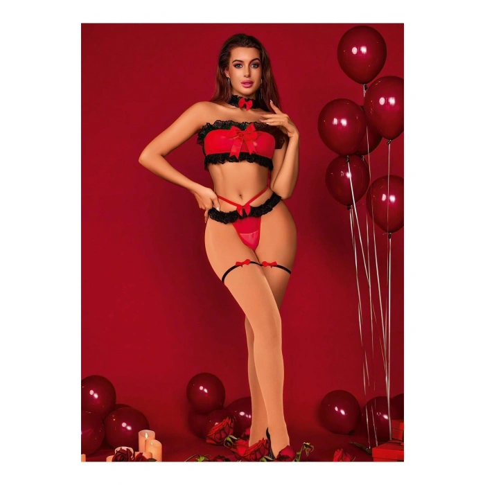 Transparan Siyah-kırmızı Fantezi Bacak Bantlı Sütyen Külot Takımı