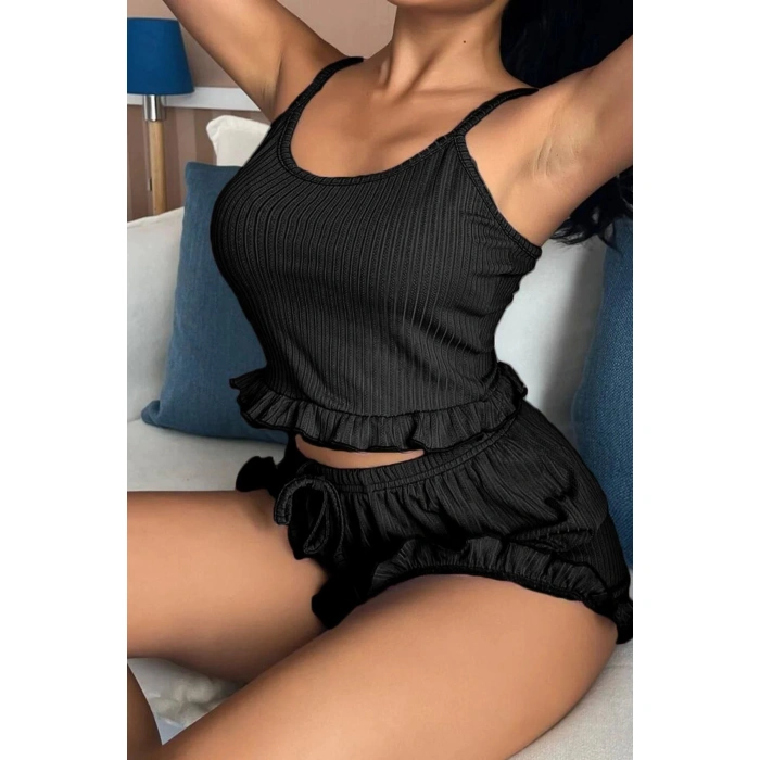 Siyah Mini Arkası Çapraz İpli Şortlu Pijamatakımı