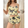 Kadın Sarı Kelebek Desenli Askılı Şortlu Ribana Pijama Takımı,rahat Ve Şık Ev Giyim,kadın Pijama