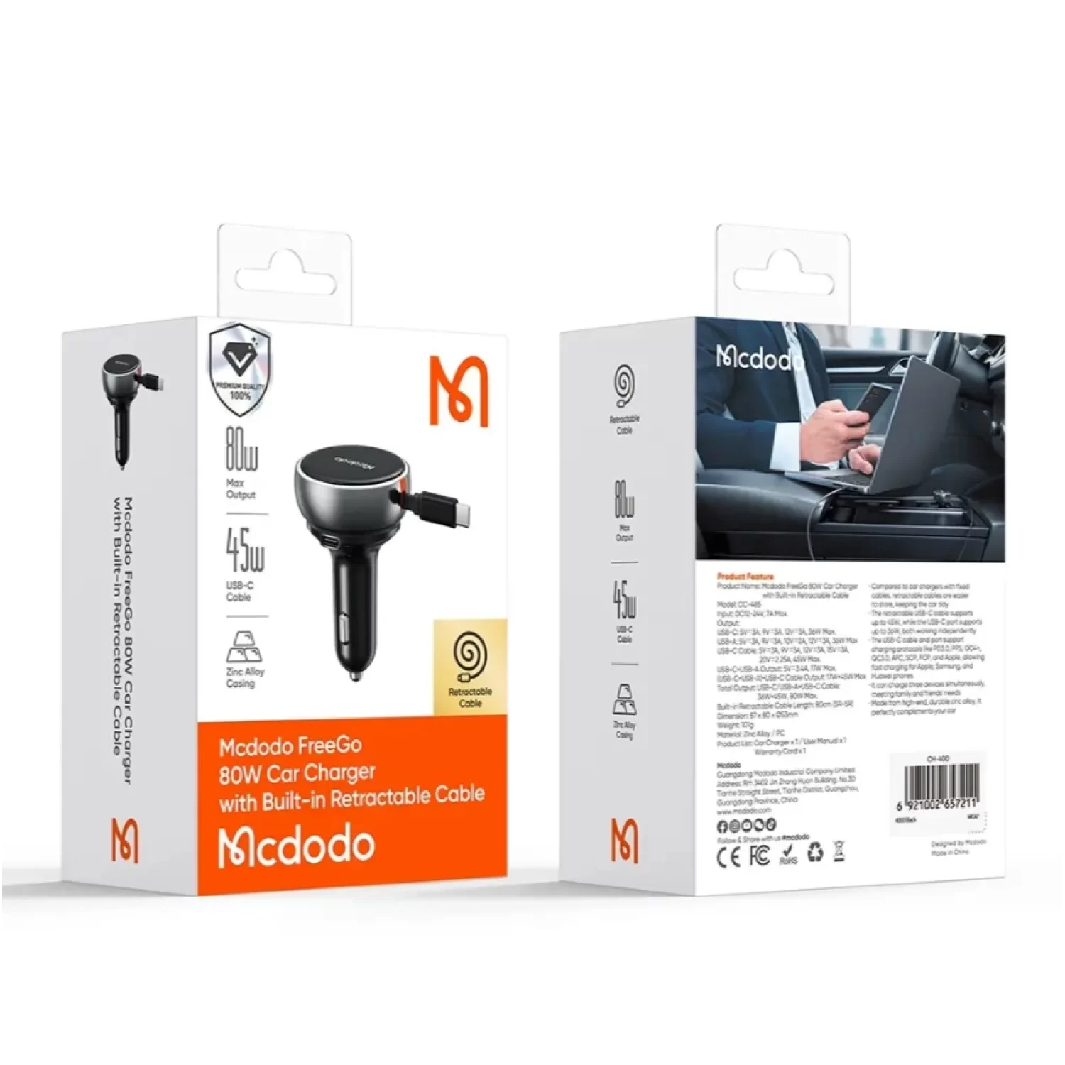 Mcdodo CC-4850 80W USB-C Geri çekilebilir kablo Hızlı araç şarj cihazı