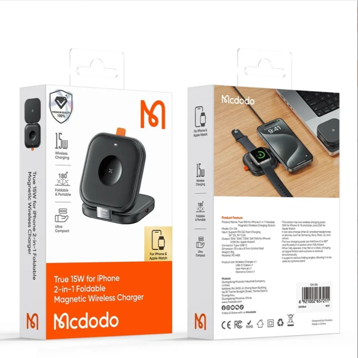 Mcdodo CH-2160 15W 2si 1 Arada Katlanır Manyetik Kablosuz Şarj Standı-Siyah