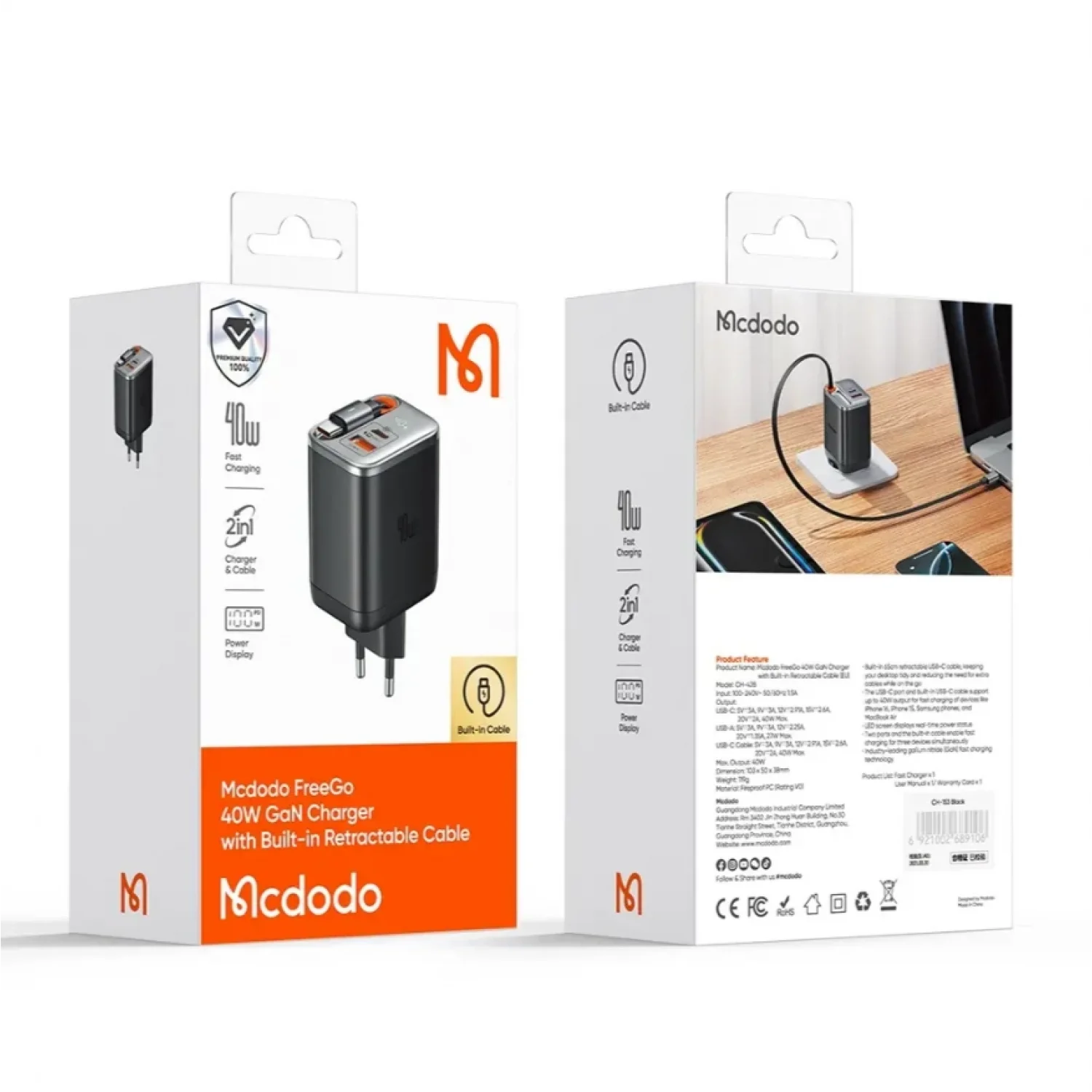 Mcdodo CH-4281 40W GaN Şarj Adaptörü Dahili Geri Çekilebilir Kablolu