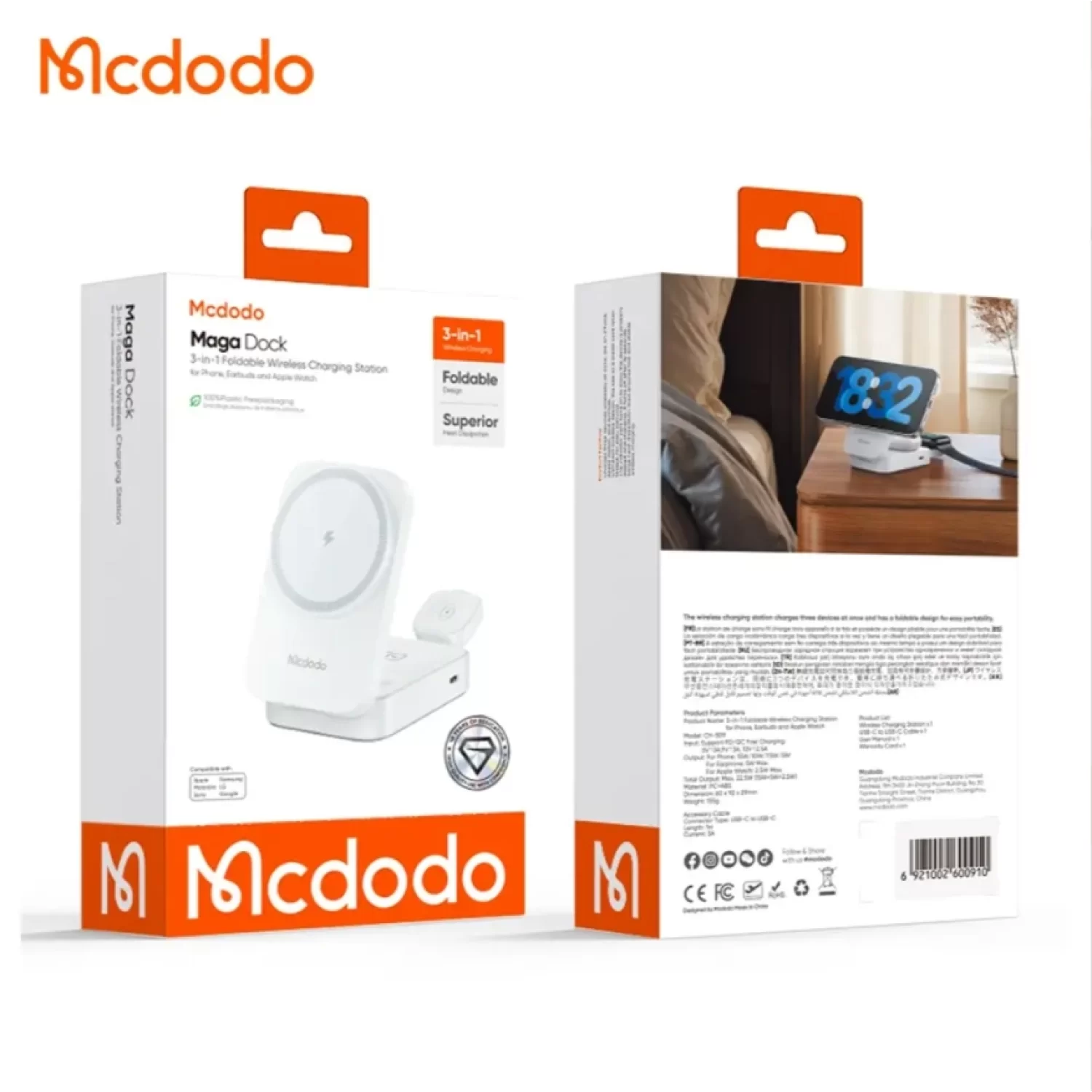 Mcdodo CH-5090 15W 3ü 1 Katlanabilir Kablosuz Şarj Standı-Beyaz