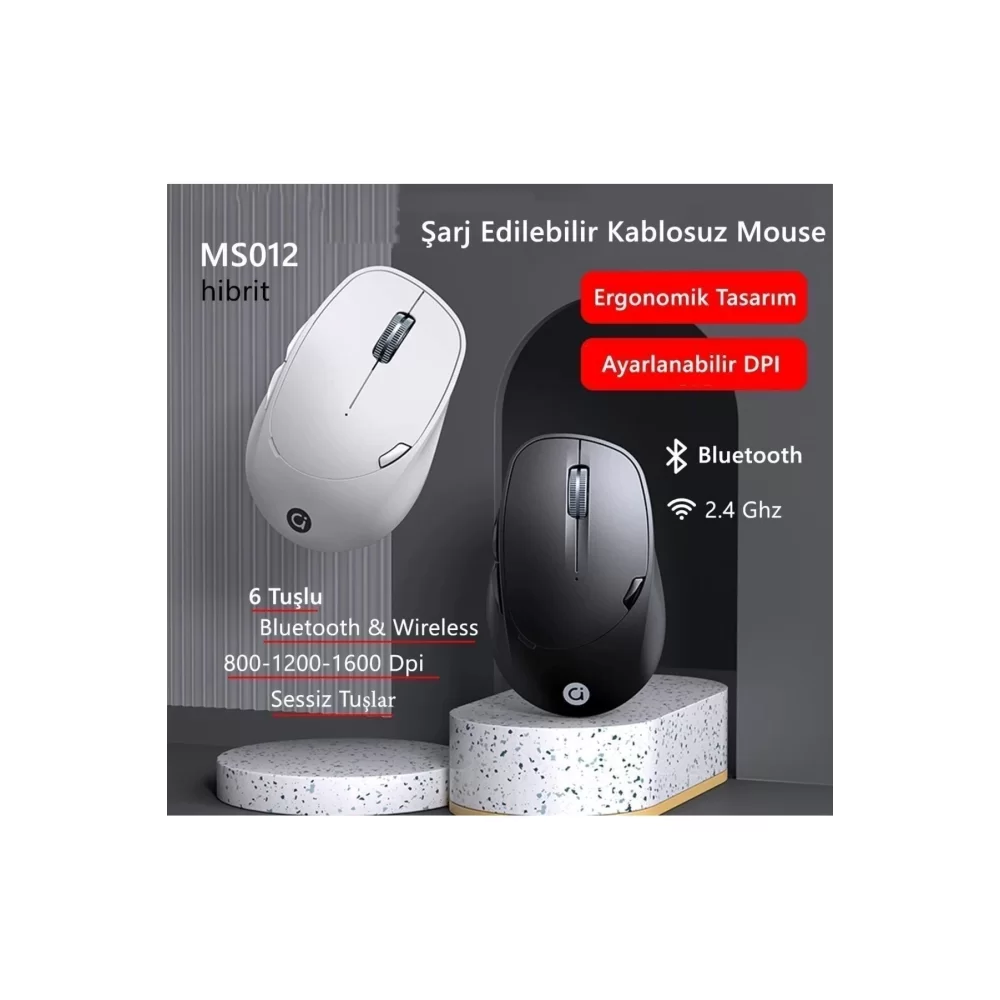 Ms012 Bluetooth & Wireless Kablosuz Şarjlı Mouse Siyah