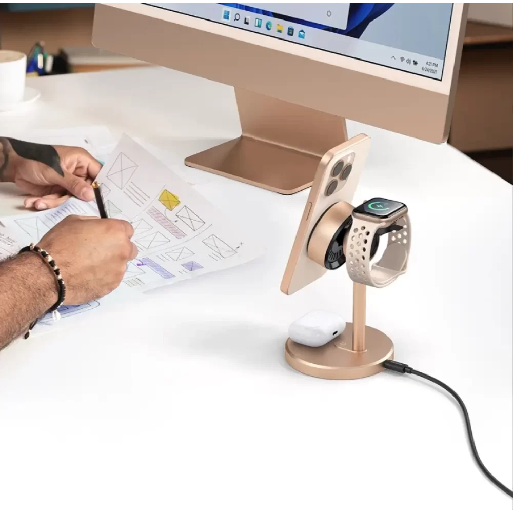 Mcdodo CH-2463 15W MagQ Qi2 3ü 1 arada Kablosuz şarj standı-Çöl Titanyum