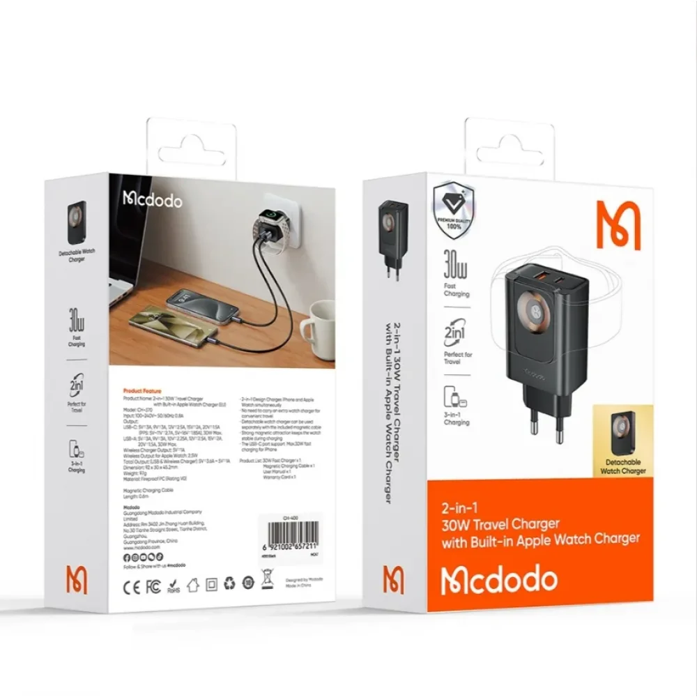Mcdodo CH-3700 30W 2si 1 Arada Kablosuz Apple Watch ve Seyahat Şarj Adaptörü