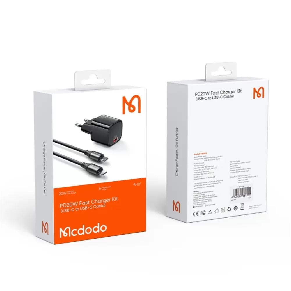 Mcdodo CH-4040 20W PD Şarj Cihazı Type-C To Type-C Kablo Dahili