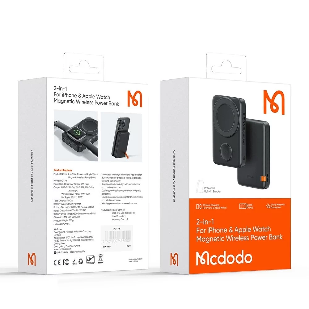 MCDODO MC-1461 IPHONE + APPLE WATCH 2si 1 ARADA 10000 MAH 20W MANYETİK POWERBANK