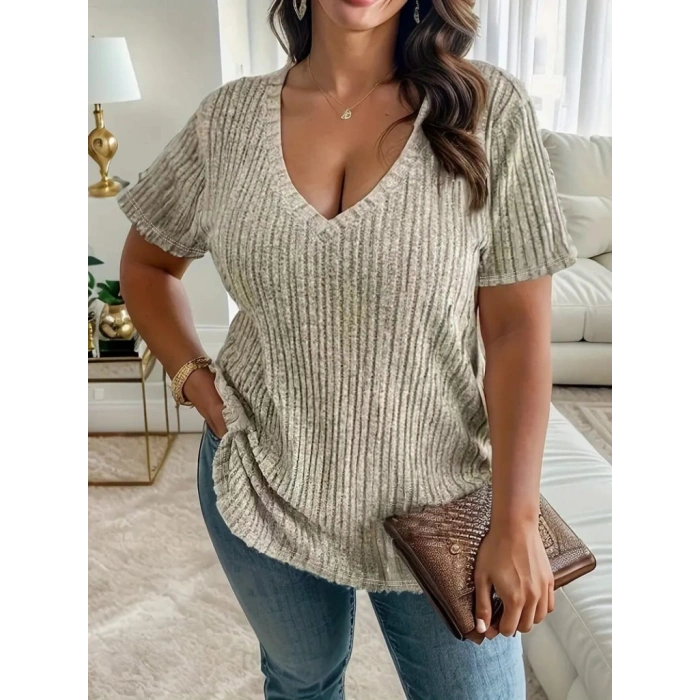 22Kadın Kısa Kollu V Yaka Fitilli Kaşkorse Bluz