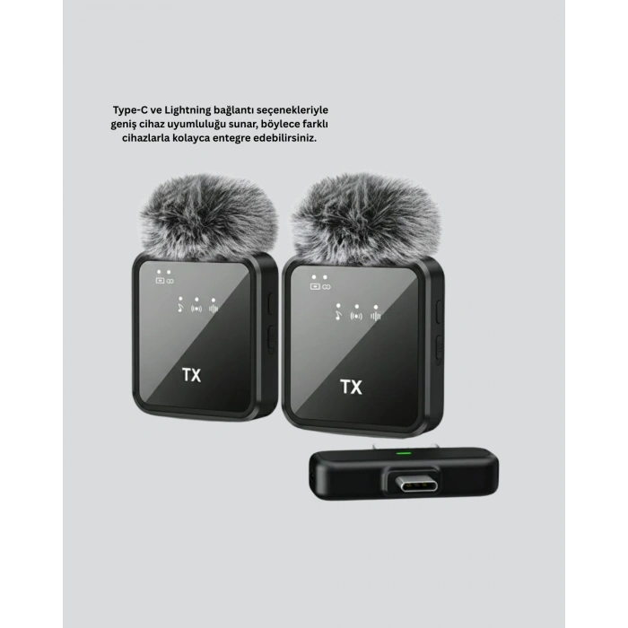 2’li Kablosuz Yaka Mikrofonu Type-C ve Lightning Uyumlu Profesyonel Set