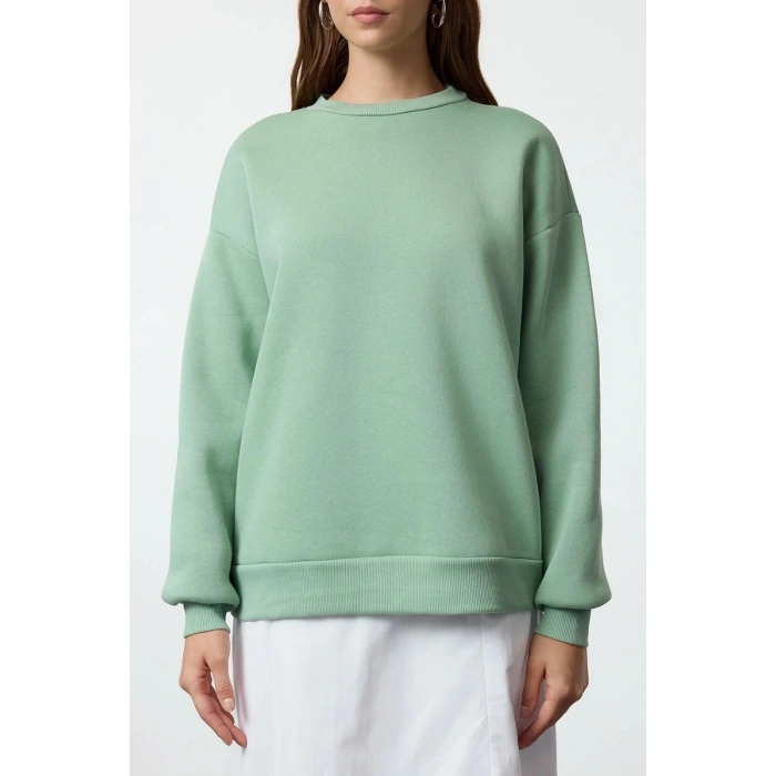 3 iplik şardonlu bisiklet yaka sweatshirt mint