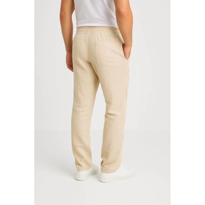 Erkek Keten Pantolon – Cepli, Beli Lastikli Ve Bağcıklı, Nefes Alan Rahat Kalıp, Yazlık Ve Baharlık Günlük Giyim, Şık - Konforlu Boru Paça Model - Bej
