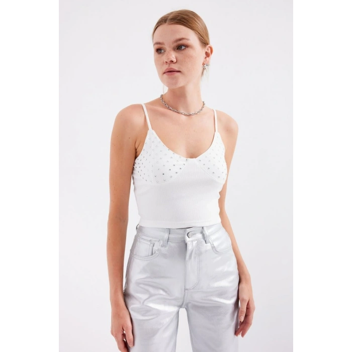 918 İp Askılı Crop Top - Beyaz