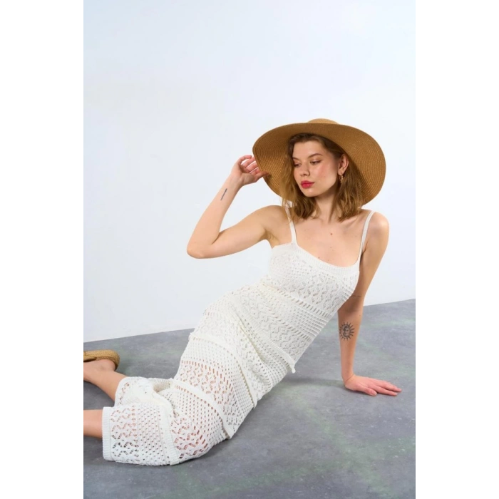 Ajurlu Astarlı Elbise - Ekru