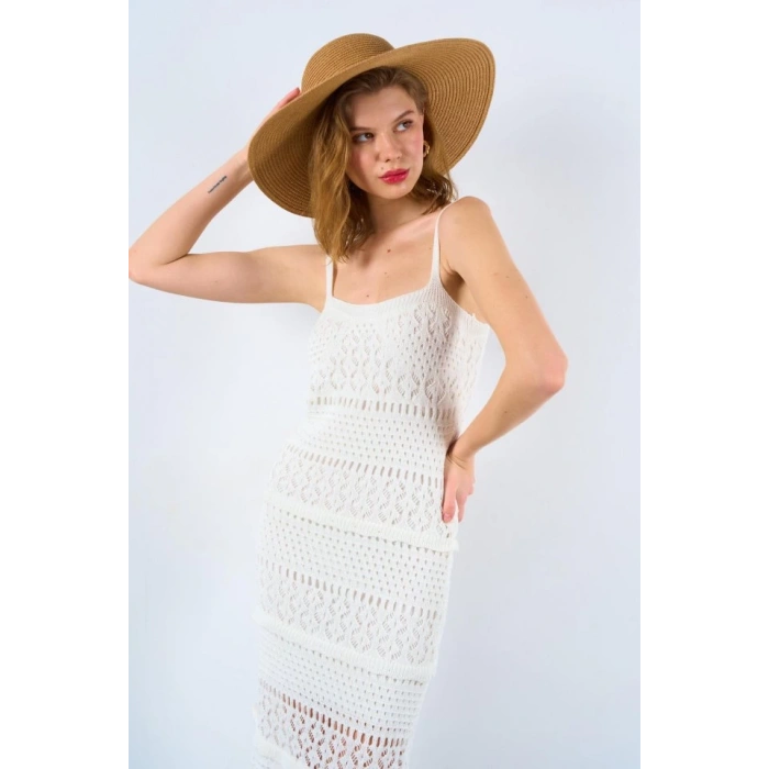 Ajurlu Astarlı Elbise - Ekru