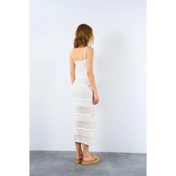 Ajurlu Astarlı Elbise - Ekru