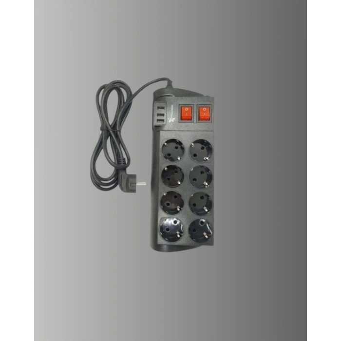 Akım Korumalı 8’li Priz 3 USB’li Uzatma Kablosu Isıya Dayanıklı 2 Metre