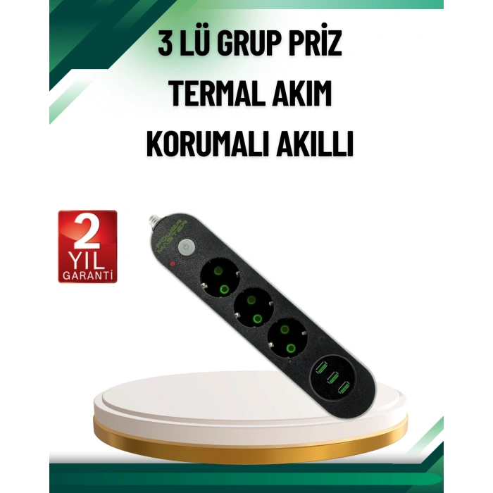 Akım Korumalı Anahtarlı USB Girişli Üçlü Priz