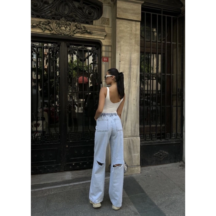 Arkadan Yırtmaçlı Jeans Kot Palazzo Pantolon - Mavi