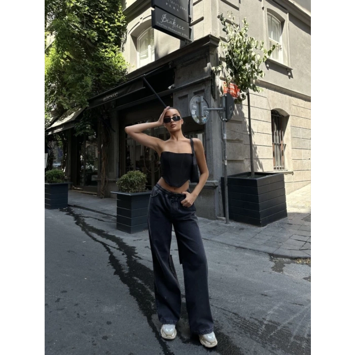 Arkadan Yırtmaçlı Jeans Kot Palazzo Pantolon - Siyah