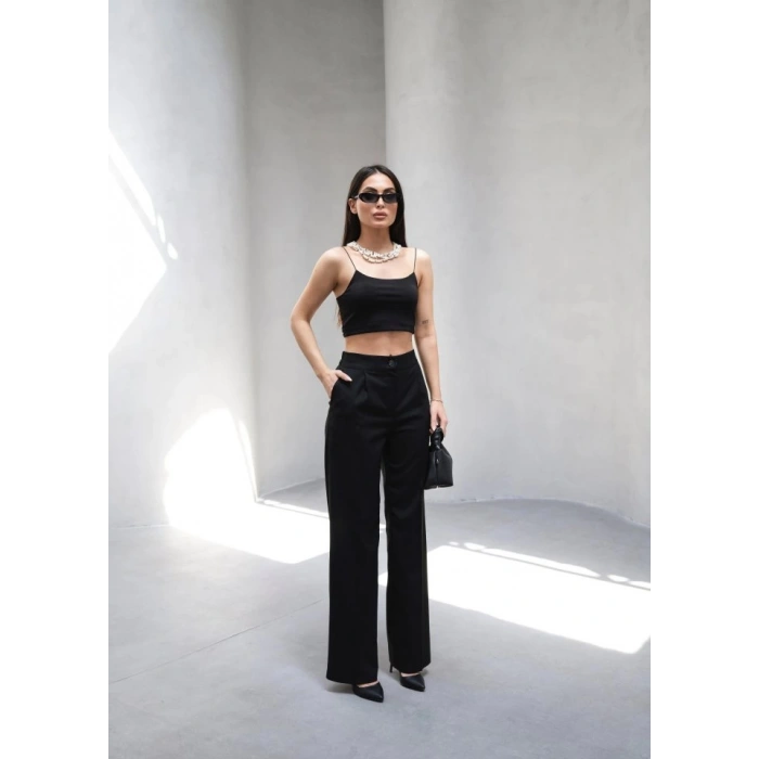 Arkasi Lasti̇kli̇ Pi̇leli̇ Dökümlü Wide Leg Pantolon