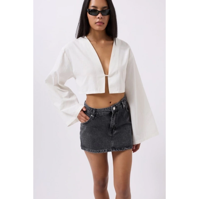 Asimetrik Bel Denim Mini Etek