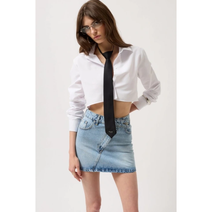 Asimetrik Kemer Denim Mini Etek