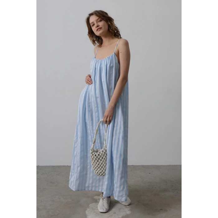 Askılı Çizgi Desen Elbise - Bebe Mavisi