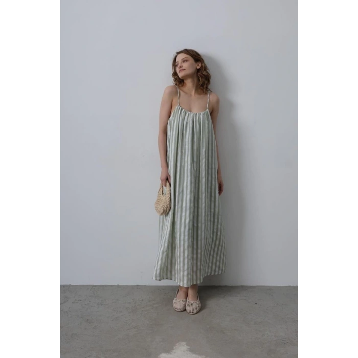 Askılı Çizgi Desen Elbise - Haki