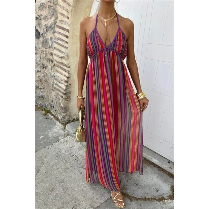 Askılı Pile Detaylı Renkli Maxi Elbise 2748