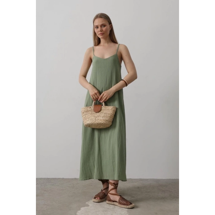 Askılı Uzun Çan Elbise - Haki