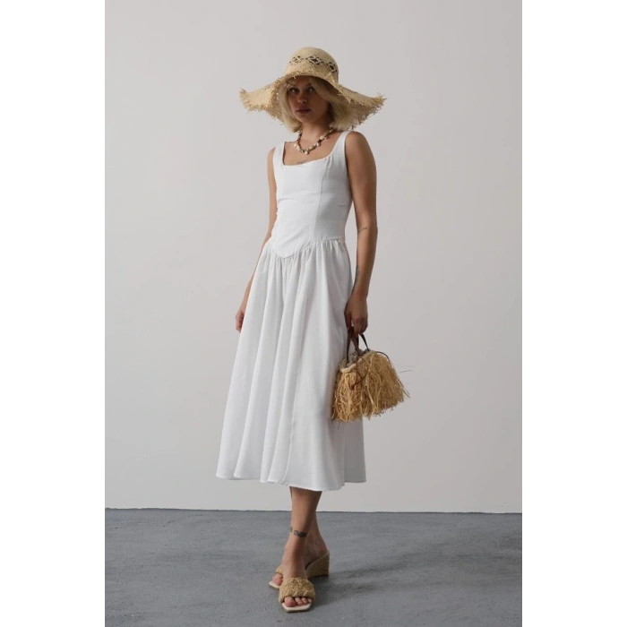 Askılı Uzun Elbise - Beyaz