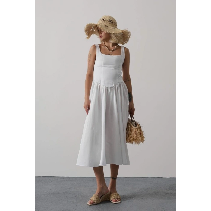 Askılı Uzun Elbise - Beyaz
