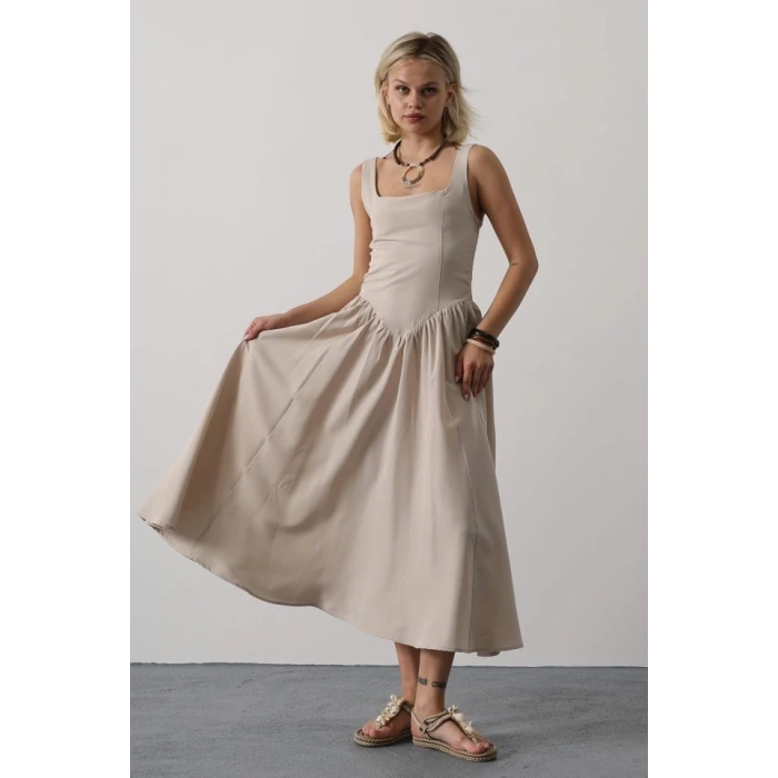 Askılı Uzun Elbise - Taş