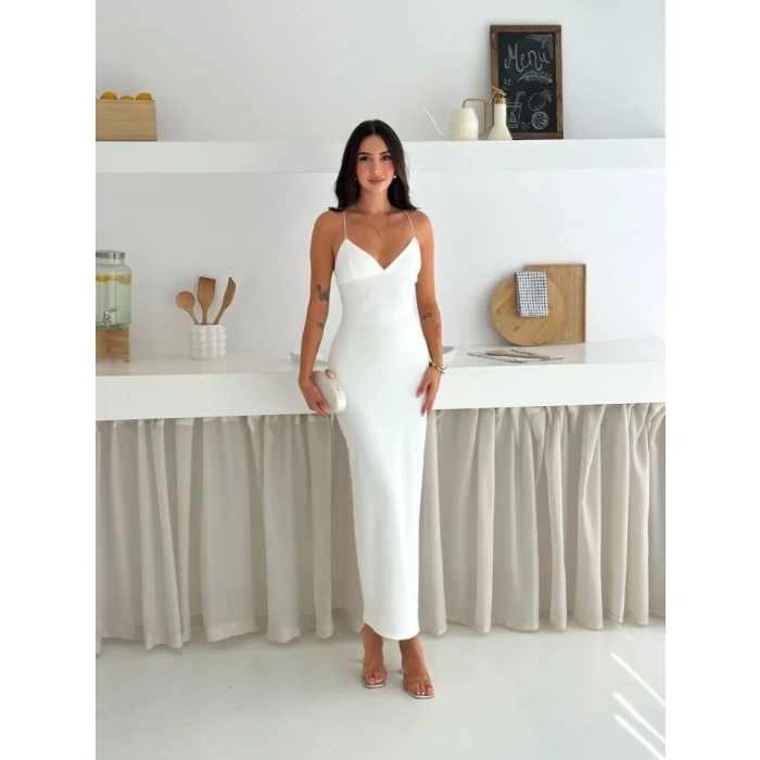 Askılı Uzun Elbise V Yaka Şık Gece Elbisesi Vücuda Oturan - Beyaz
