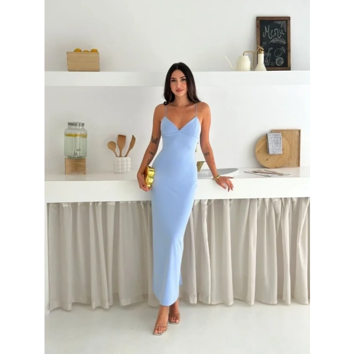 Askılı Uzun Elbise V Yaka Şık Gece Elbisesi Vücuda Oturan - Mavi