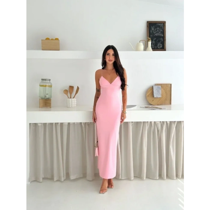 Askılı Uzun Elbise V Yaka Şık Gece Elbisesi Vücuda Oturan - Pembe