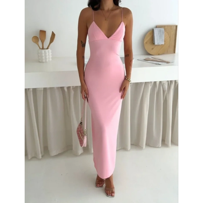 Askılı Uzun Elbise V Yaka Şık Gece Elbisesi Vücuda Oturan - Pembe