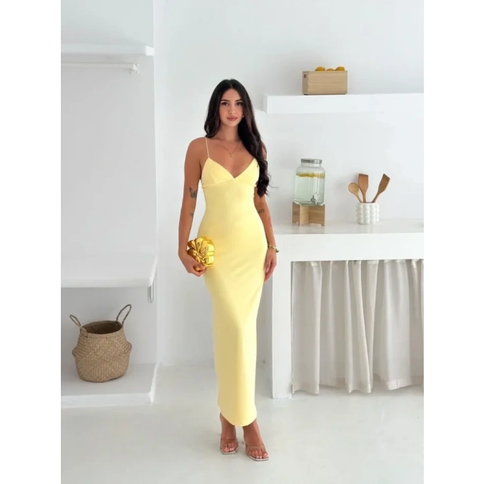 Askılı Uzun Elbise V Yaka Şık Gece Elbisesi Vücuda Oturan - Sarı