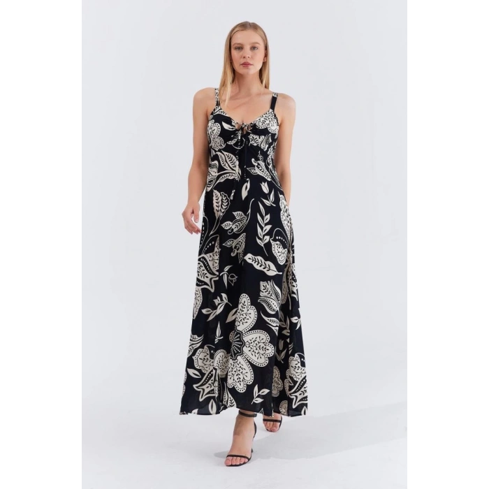 Askılı Viscon Elbise - Siyah